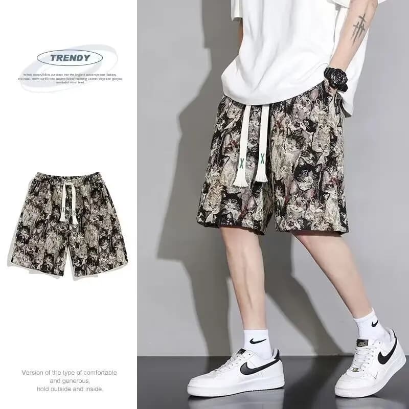 Ice Silk Five-Quarter Casual Shorts for Men Lightweight Breathable Printed Summer Leisure Pants Straight Leg Mid-Low Waist