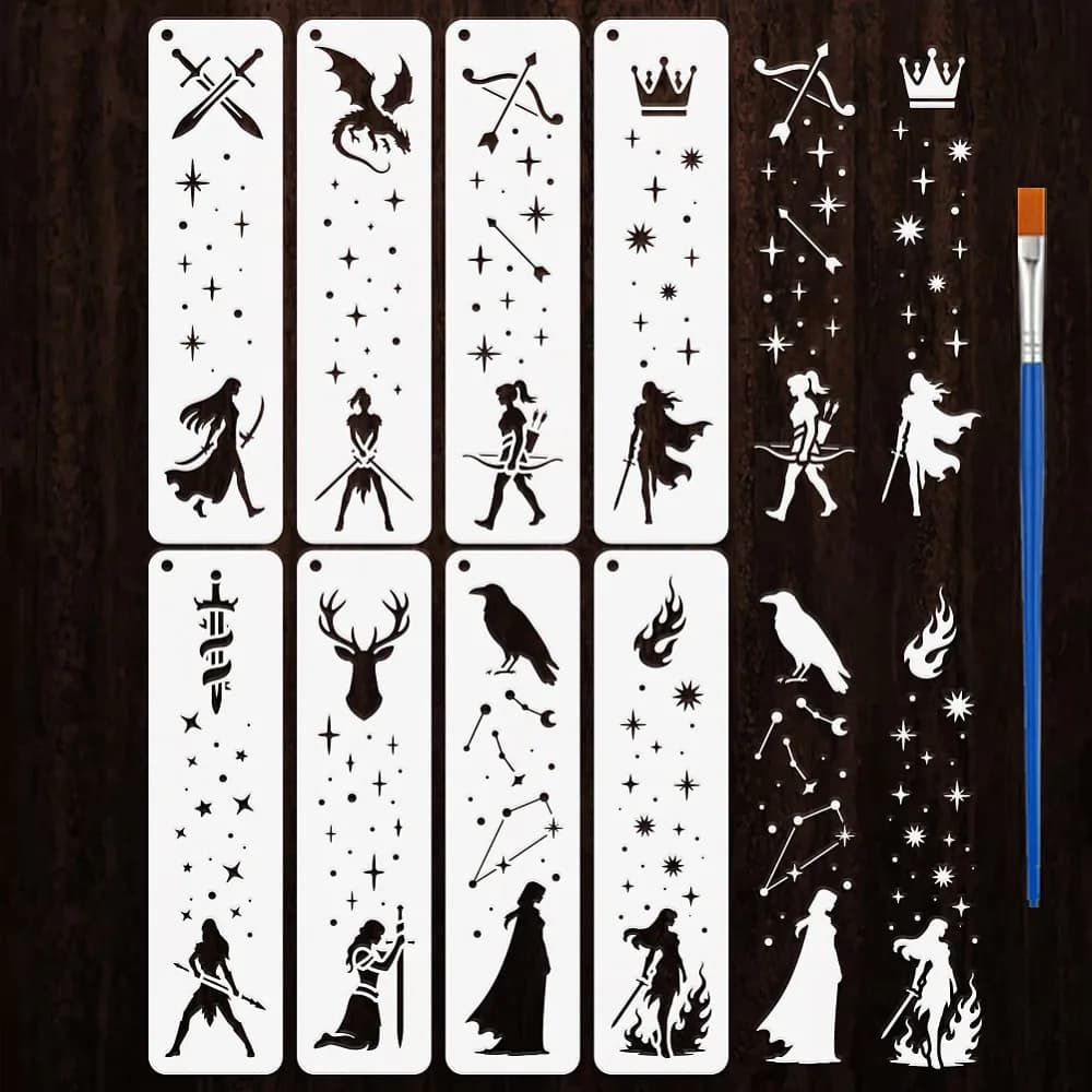 8Styles Queen Warrior Pattern Stencils with a Brush 12.2x3.15Inch Arrow Raven Flame Painting Stencils Fantasy Themes Template