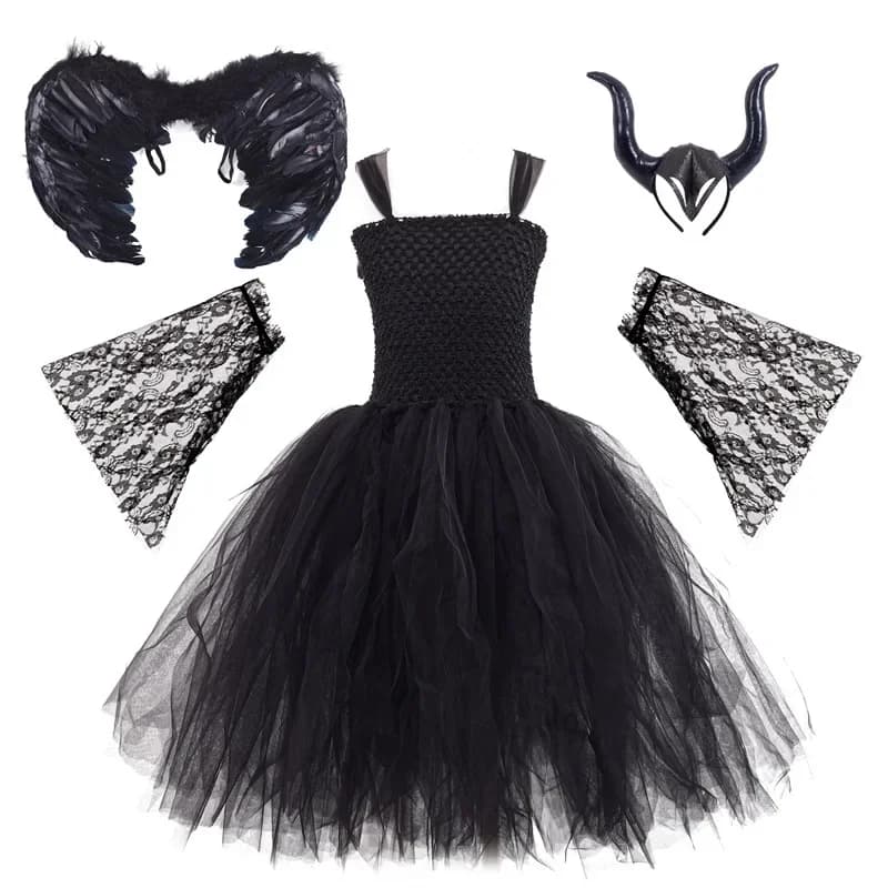 Costumi cosplay di streghe per feste per bambini Abiti lunghi Nero Festa di Halloween Compleanno Tutu Abiti Bambino Abbigliamento per bambini