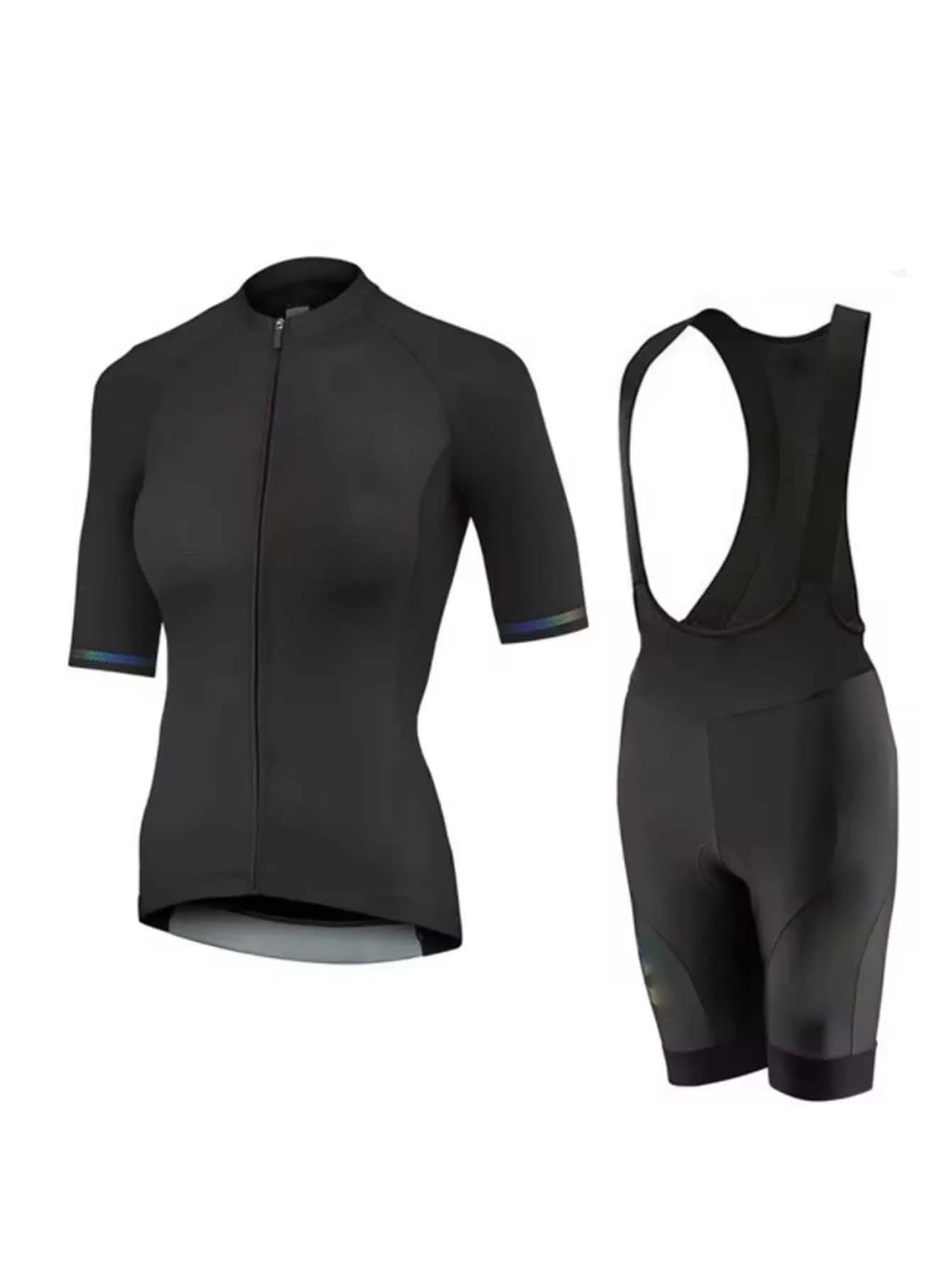 Women’s Cycling Bib Shorts Set, Short Sleeve Stand Collar Full Zip Jersey, Black White Breathable Quick Dry Bike Suit