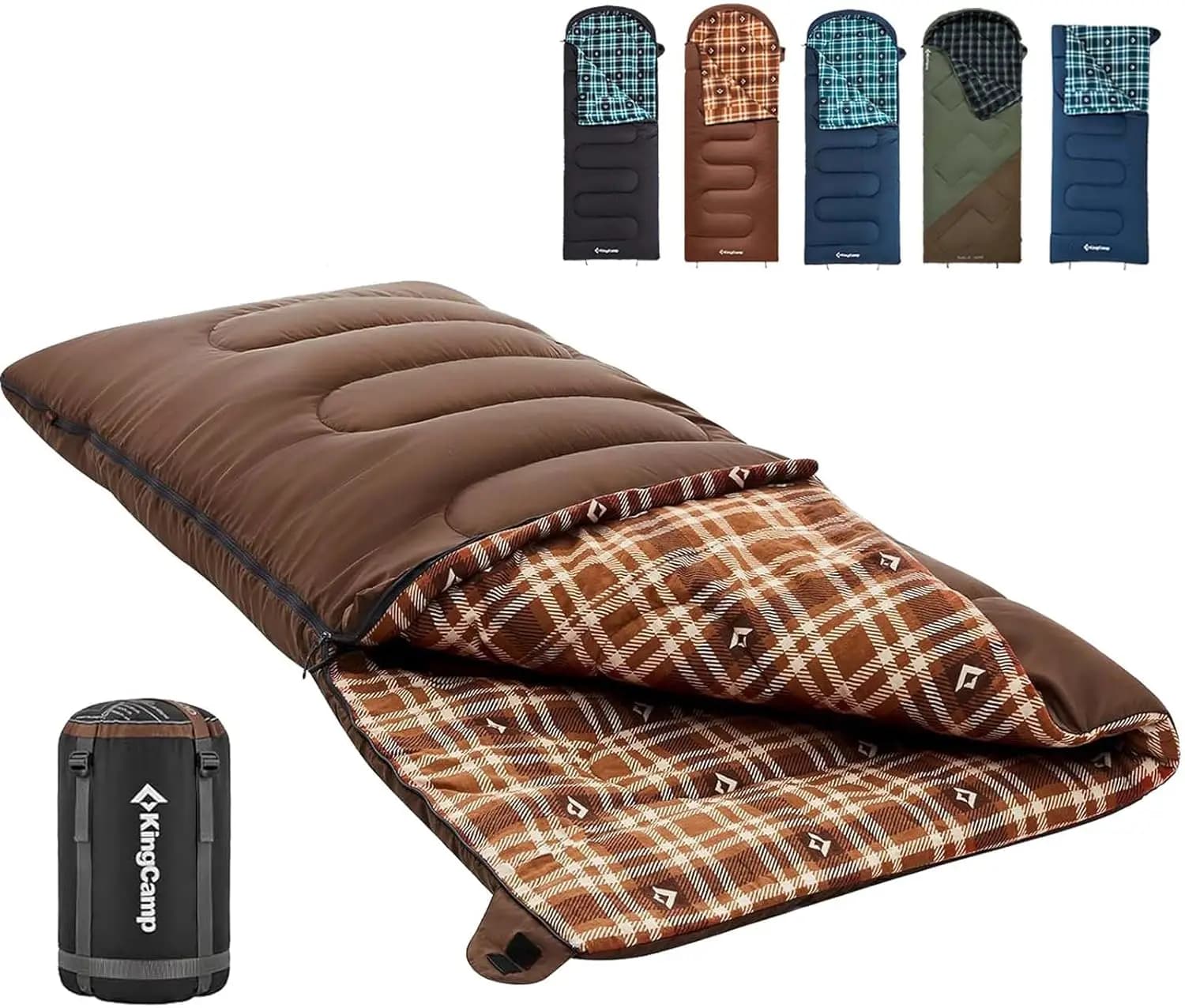 Sacco a pelo KingCamp per adulti, sacchi a pelo in flanella XL per clima freddo e caldo con sacca di compressione portatile impermeabile per