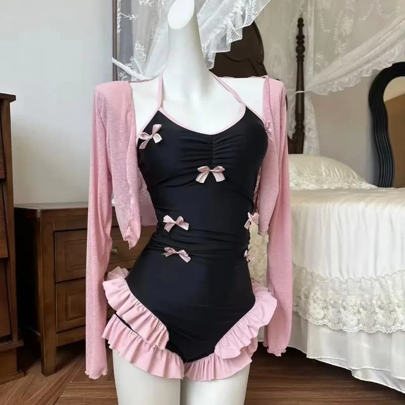 Costume da bagno intero da donna con fiocco e volant, set due pezzi con cardigan parasole, abbigliamento da spiaggia per spa e vacanze