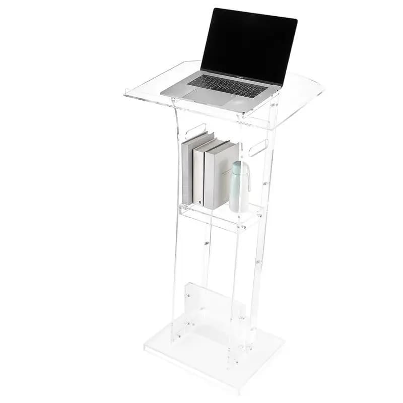 Podium Stand, 43-Inch Acrylic Lectern, Portable Laptop Desk with Wide Reading Surface and Storage Shelf, Book Stopper, Floor-Standing, for Classroom, Wedding, Conference, Lecture and Concert
