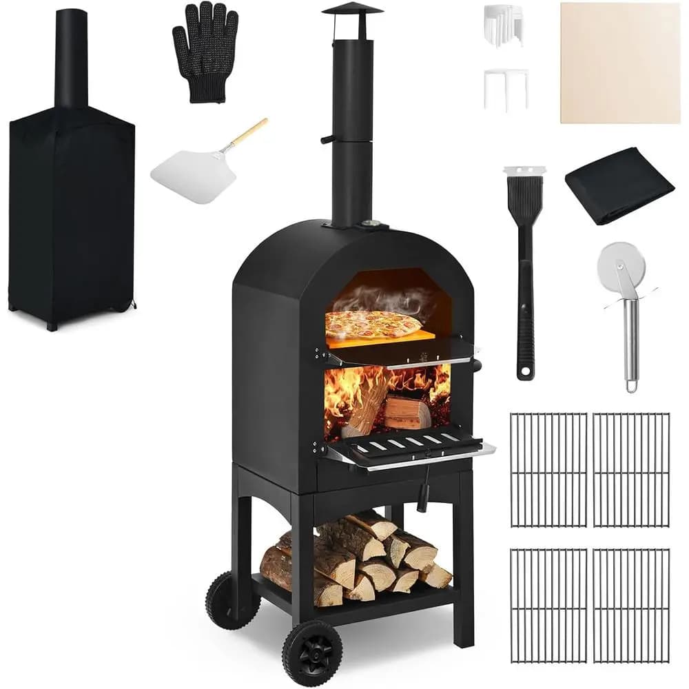Forno per Pizza a Legna da Esterno con Pietra Refrattaria, Pala e Copertura Impermeabile per Patio e Campeggio