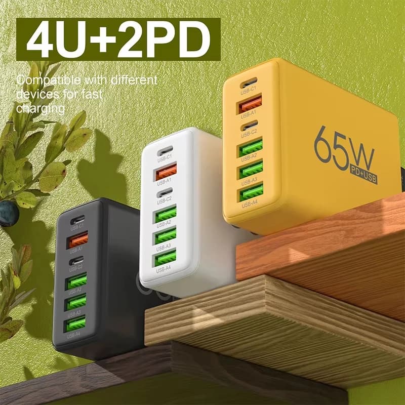 Nuovo caricabatterie PD 65W 4 USB+2 Type C a 6 porte con spina EU/US/UK, adattatore QC3.0 per iPhone, Xiaomi, Samsung, Android