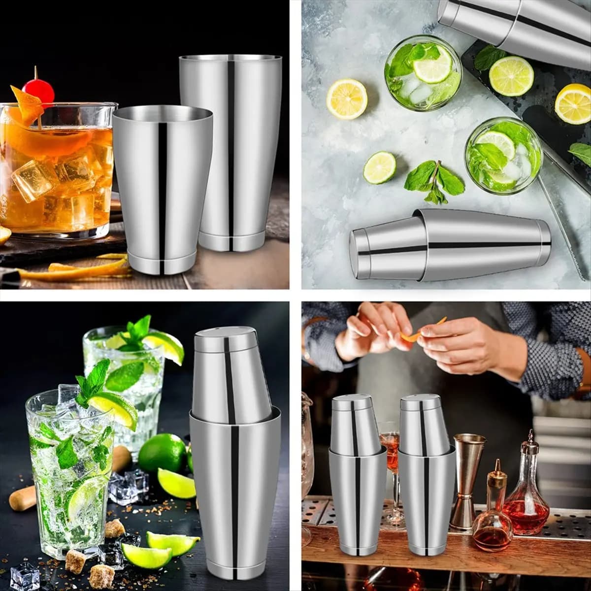 [MEOF] Set di 3 Shaker per Cocktail Professionali, Set Shaker Boston in Acciaio Inox, Mixer per Drink Martini (Argento)