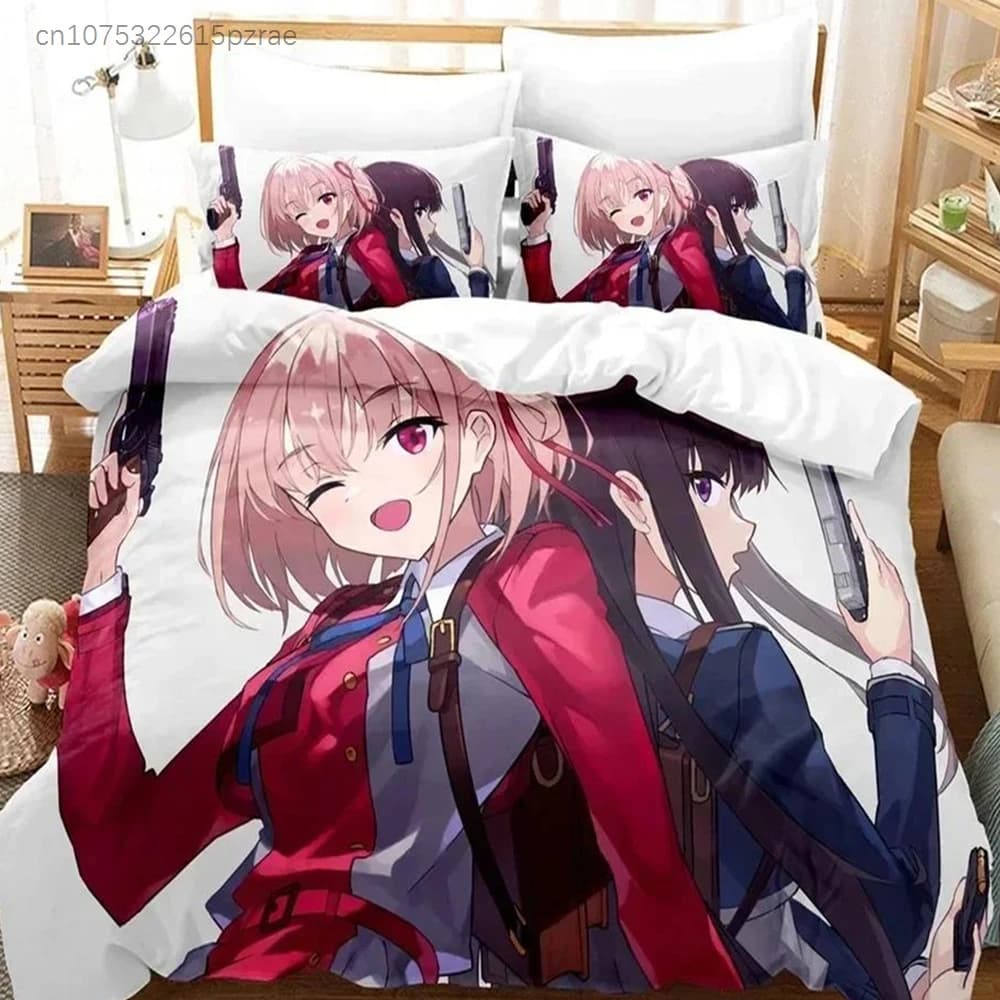3D Print Anime Lycoris Recoil Bedding Set Printed Bed Set With Pillowcase Bed Duvet Cover Soft Queen King Size Bedclothes Home