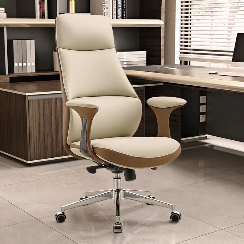 Sedia da ufficio direzionale in pelle con rotelle, ergonomica e confortevole, con cuscino e schienale rilassante, Taburete Trendy Furniture