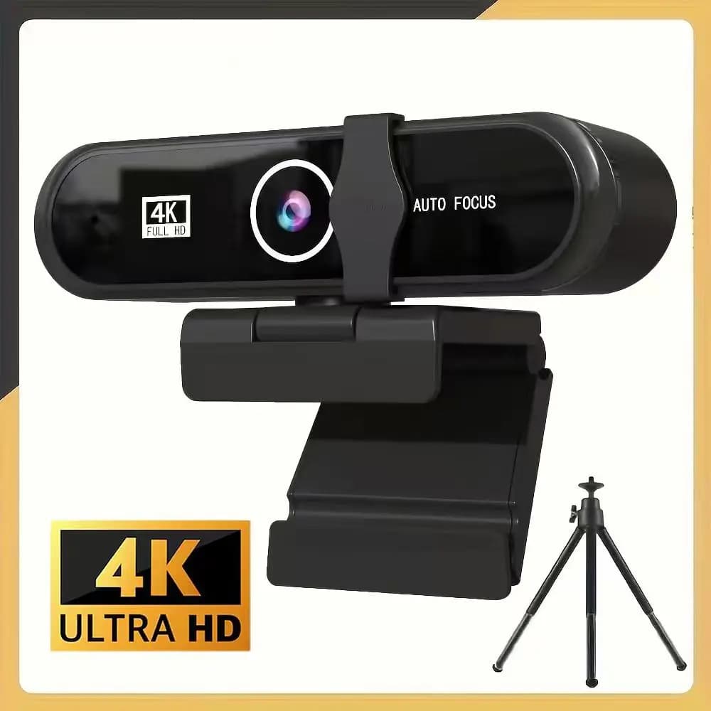 Webcam UHD 4K, autofocus, built-in microphone, USB camera, desktop/laptop, includes tripod support, plug-and-play