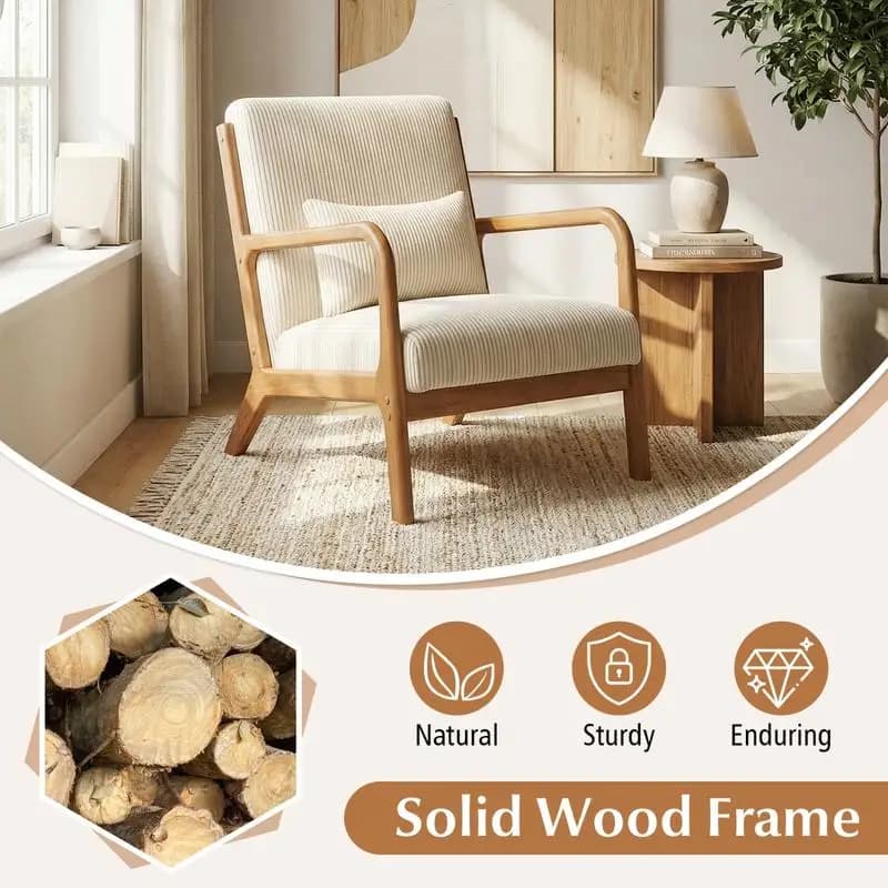 Poltrona Accent in Velluto a Coste Imbottita con Cuscino Lombare - Beige