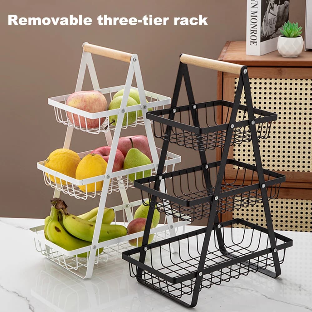 Scaffale a tre livelli creativo con griglie cave a due strati, cestini per frutta, portaoggetti rimovibile per snack e frutta secca per soggiorno e casa