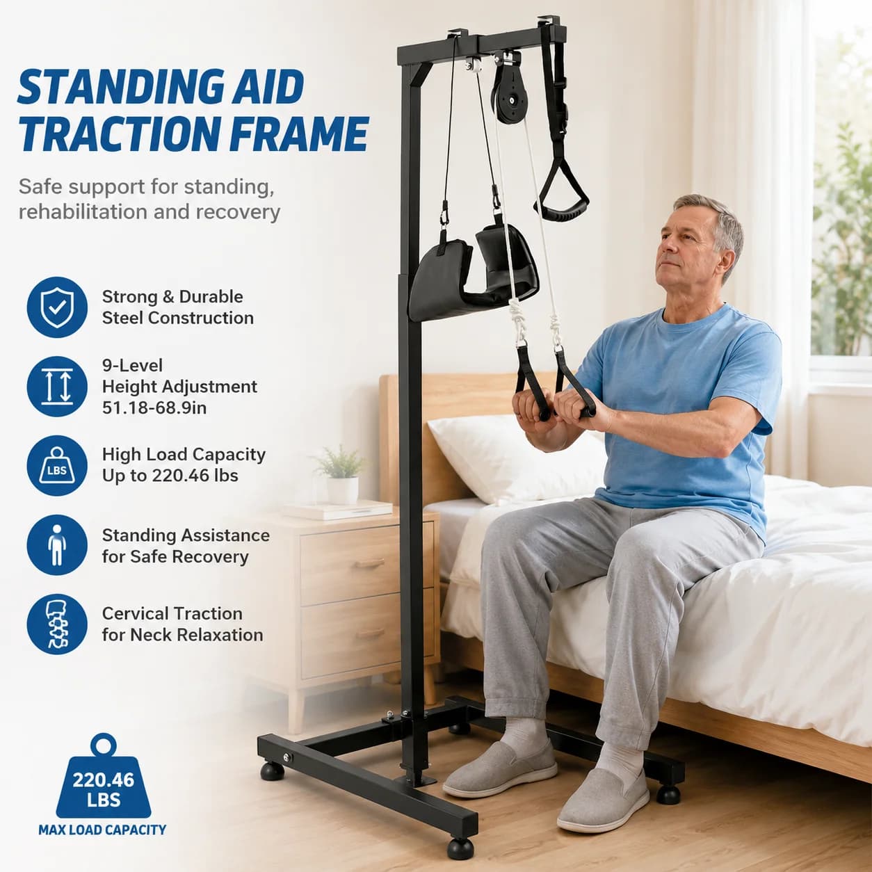 Black Multifunctional Standing Frame Bed Lift for Elderly Stand Up Assist Bar 9 Height Levels 130-175cm Adjustable 220lbs Load Steel with Cervical Traction Hanging Pillow Handrail Stable Base for Home Care Post-Surgery Rehabilitation Mobility Aid