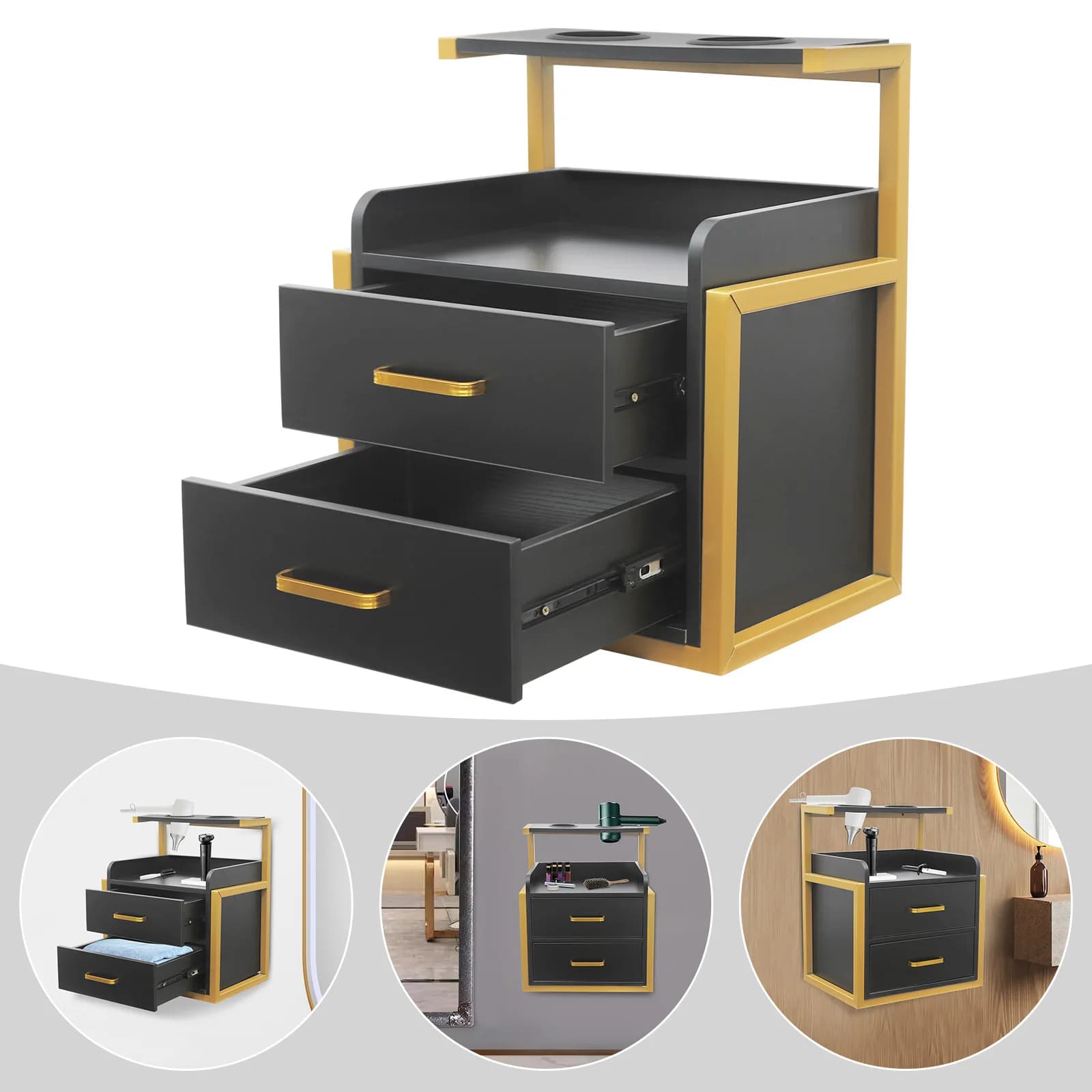 Mobiletto da Parete per Salone di Bellezza con 2 Cassetti, Organizzatore per Attrezzi da Barbiere e Parrucchiere con Supporto per Asciugacapelli per Saloni di Bellezza
