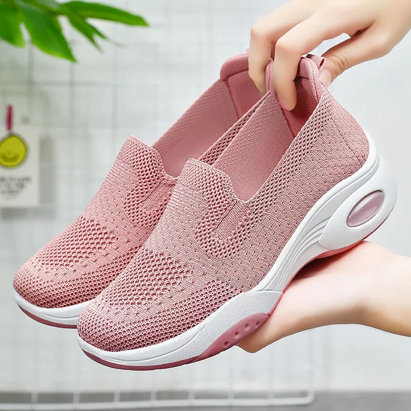 Breathable Hollow Mesh Slip On Sneakers Air Cushion Platform Sole Lightweight Non Slip Outdoor Walking Shoes