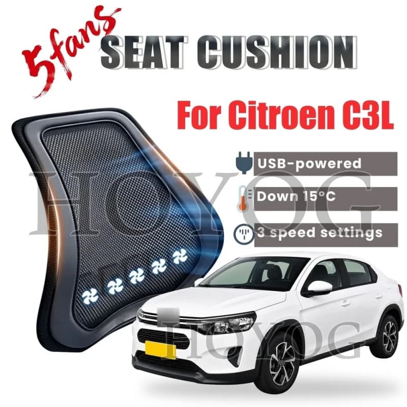 For Citroen C3L Car Seat Cooling Lumbar Support Cushion Back Support Pillow USB Fan 3 Speed Ventilated Mesh Ergonomic Waist Rest