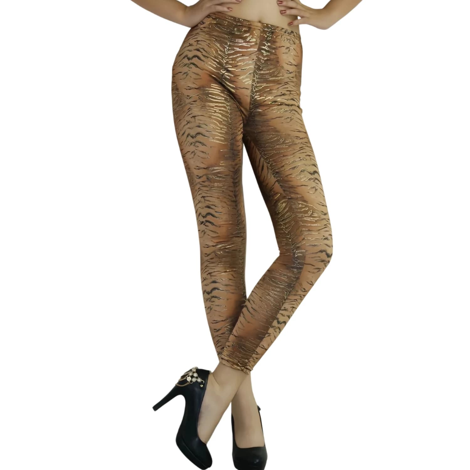 Women Metallic Gold Tiger Print High Waist Stretch Skinny Leggings Casual Slim Fit Full Length Workout Pants