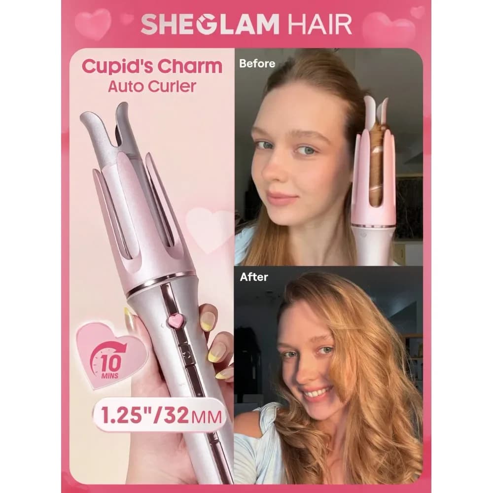 HAIR Cupids Charm OneTouch Instant Curler, Ferro arricciacapelli automatico rosa 32mm con spina americana, onde rapide in 10 minuti, riscaldamento rapido in 60 secondi, 3 regolazioni