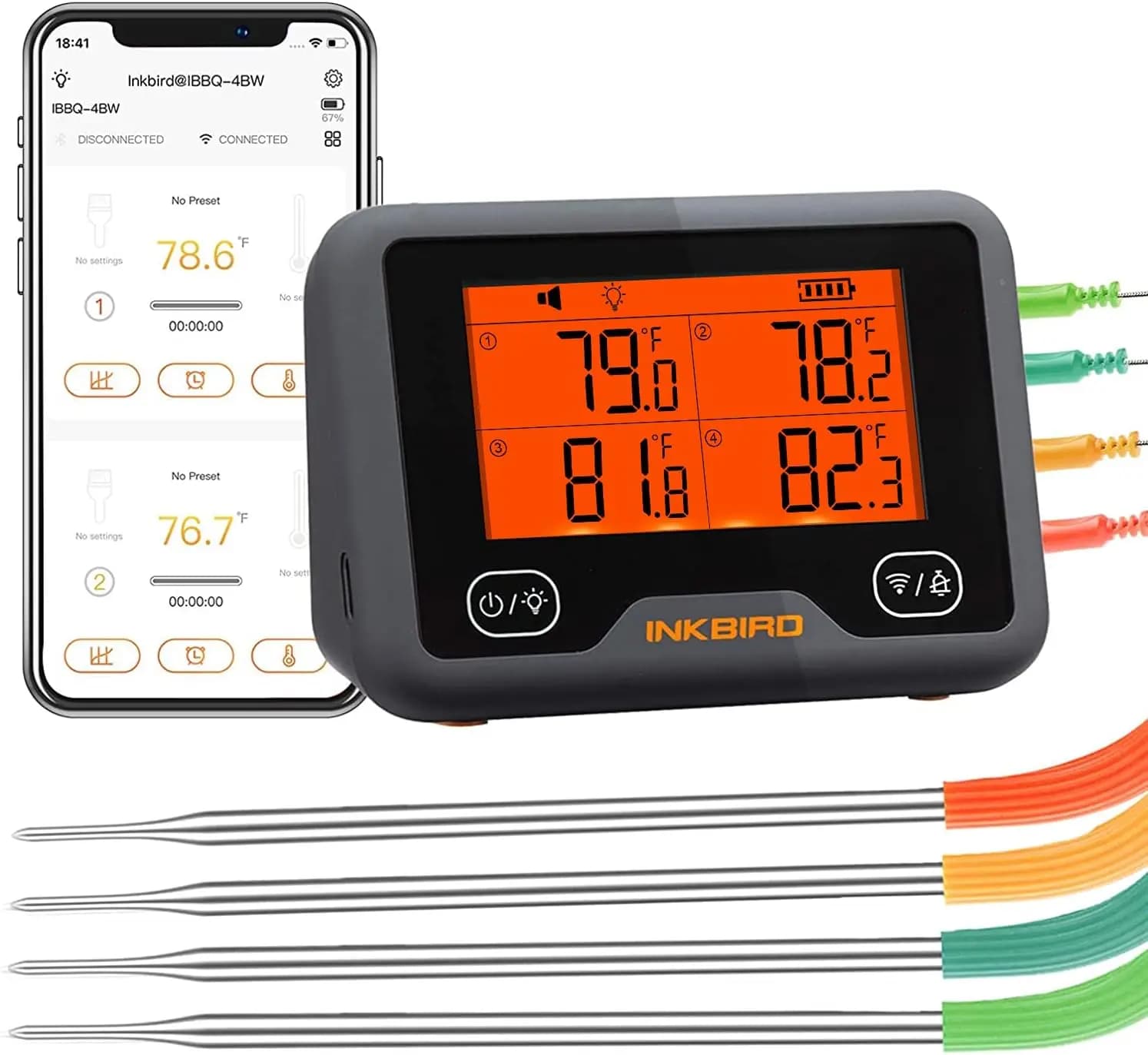 Bluetooth meat thermometer and WiFi IBBQ-4BW, 4 probes smart grid thermometer with mobile alerts, timer, digital rechargeable