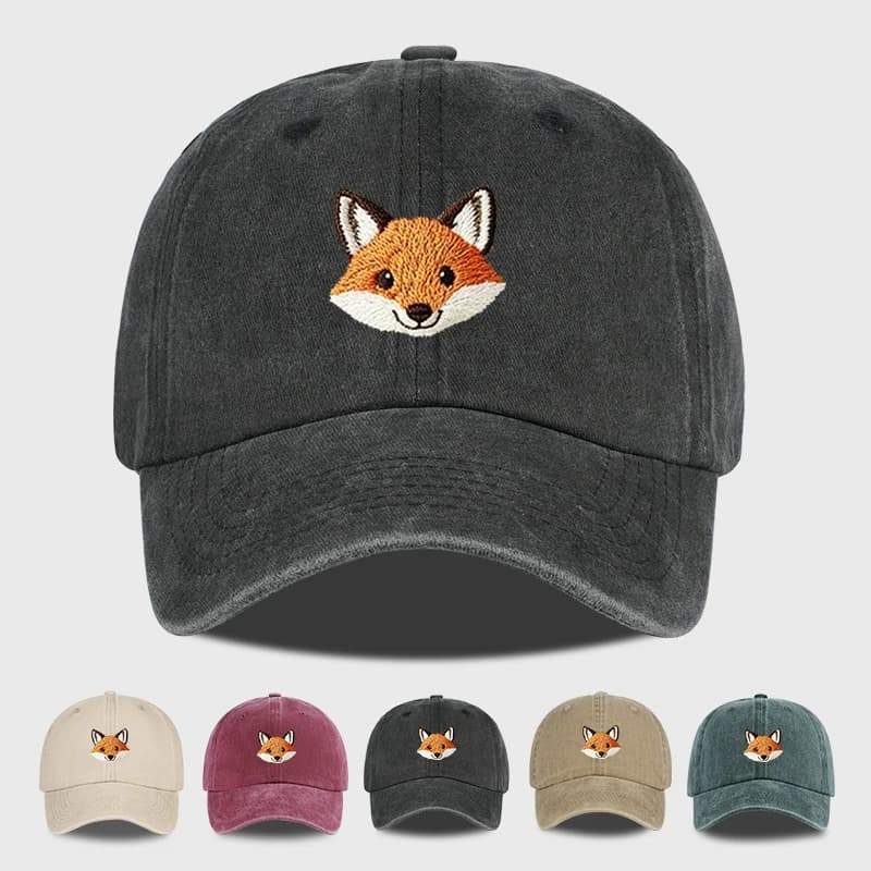 Cute Fox Embroidered Vintage Washed Baseball Cap – Casual Streetwear Adjustable Unisex Sun Hat, Perfect for Camping and Vacation