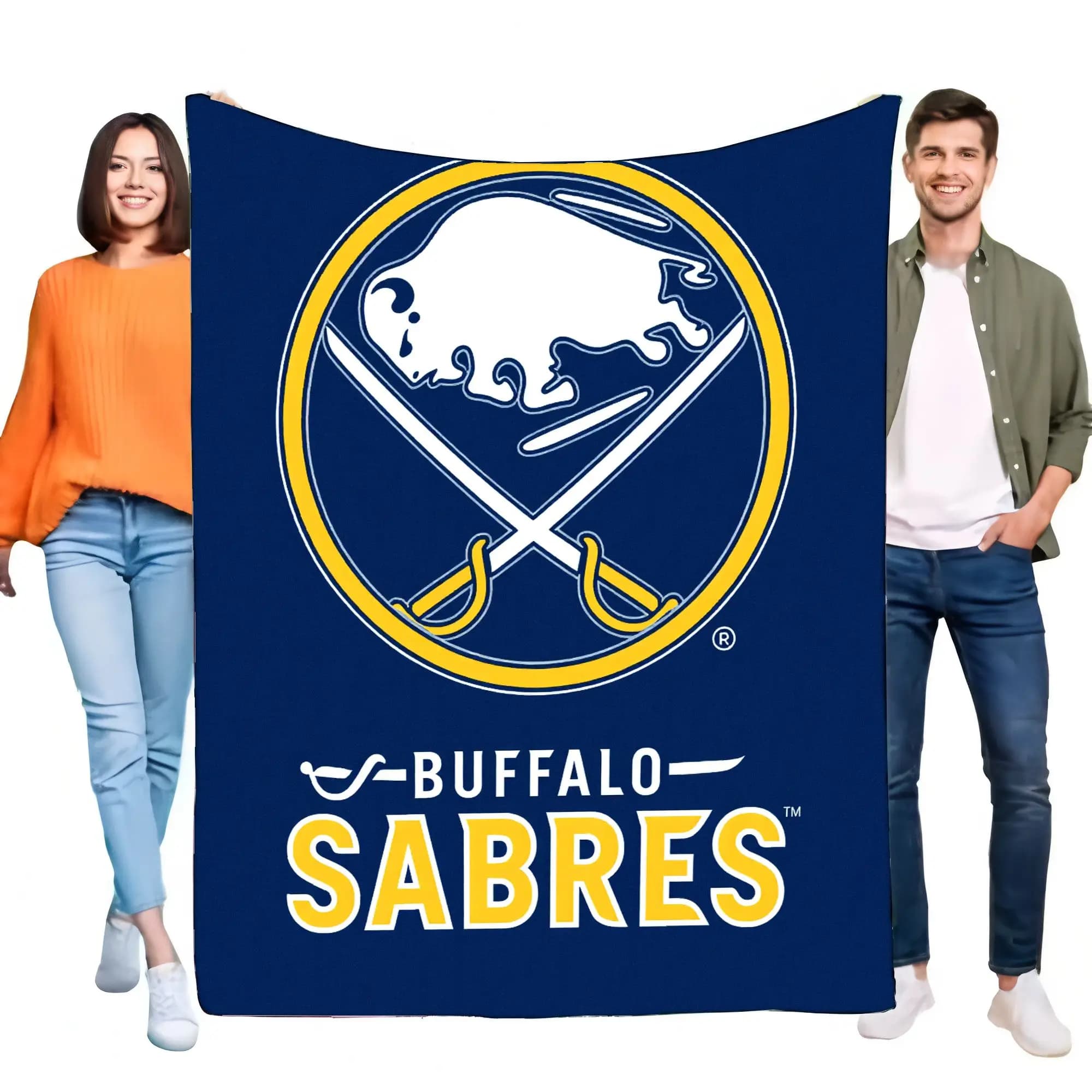 Coperta Buffalo Sabres in morbido pile, design caldo e accogliente con logo e testa di bufalo bianco, ideale per i fan, regalo perfetto per il hockey
