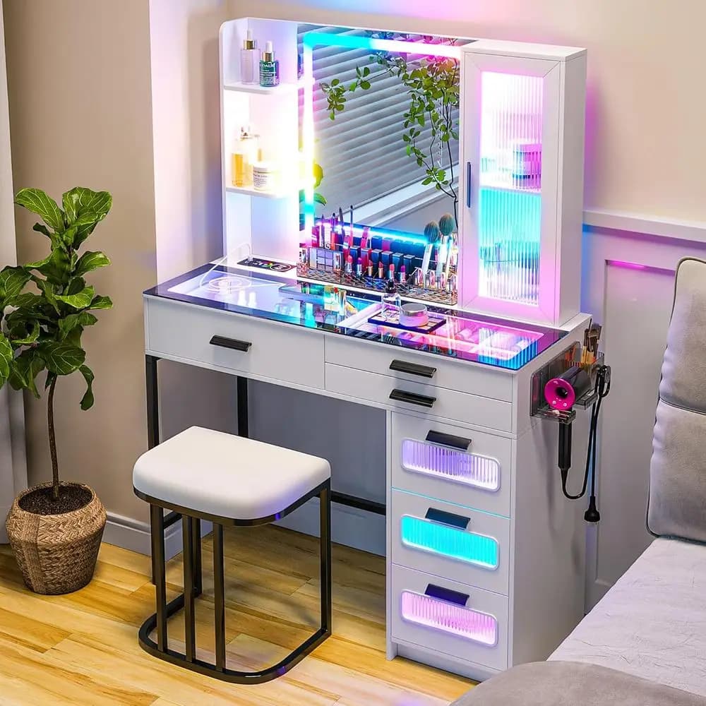 LED-Illuminated Glass Top Vanity Desk with Charging Station, Makeup Table Set with Stool and Organizer, 6 Drawers (White)