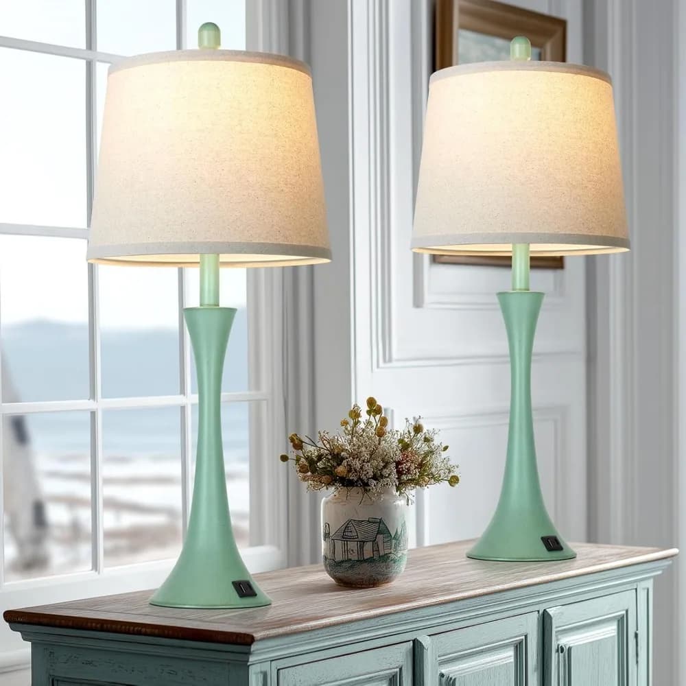 Set di 2 Lampade da Tavolo Moderne Verdi Stile Costiero, Altezza 27,5 Pollici, con Porta USB e Dimmer Touch a 3 Livelli per Soggiorno, Camera da Letto, Scrivania