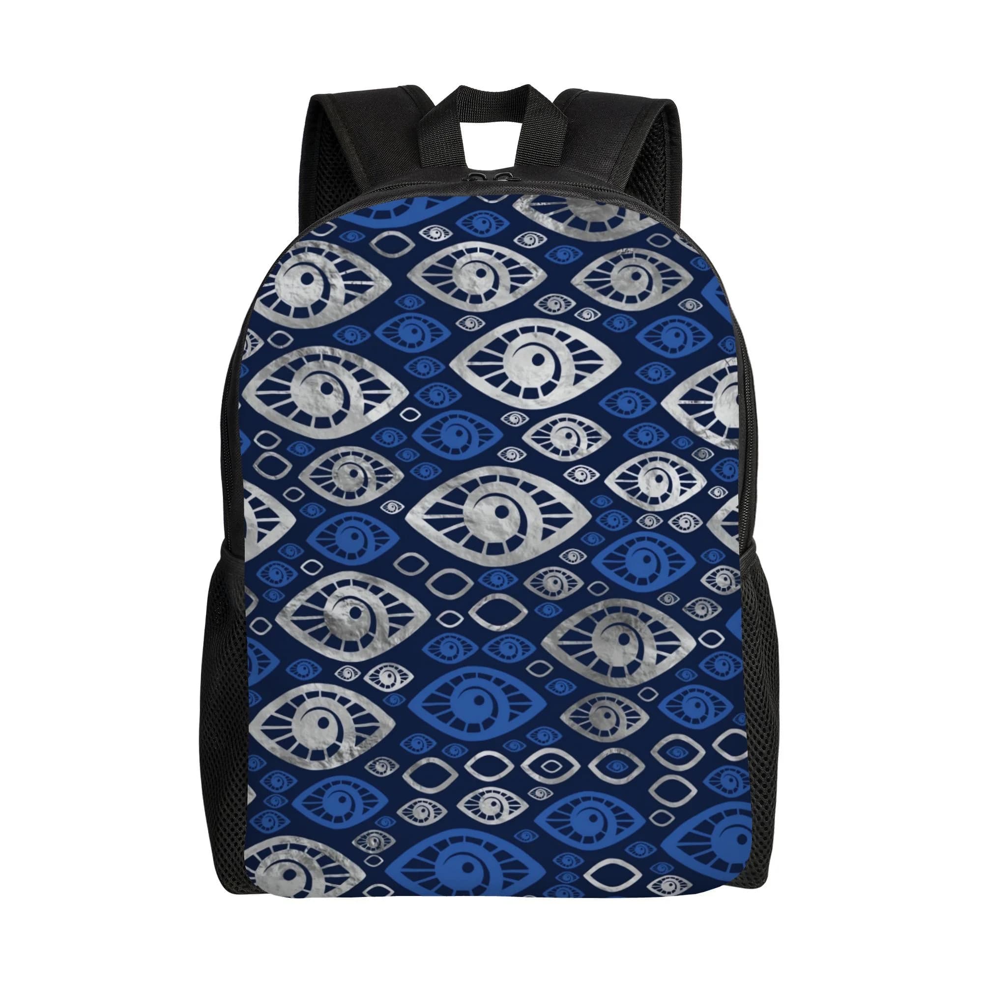 Daily backpack monopiano blue and silver, design with Greek eye lucky charm # 1 - a simple choice for coffee travel, for lessons