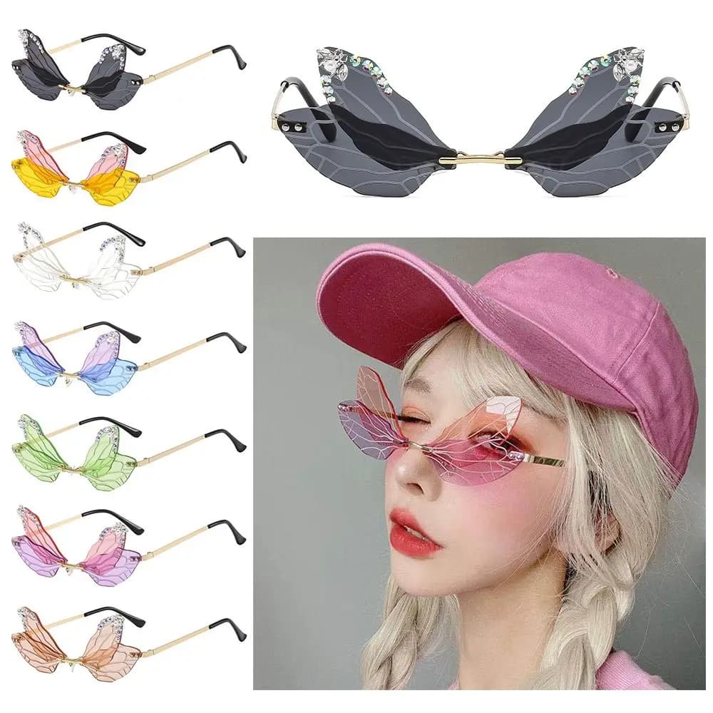 Occhiali da sole con diamanti irregolari senza montatura alla moda, occhiali da sole con ali di libellula bling