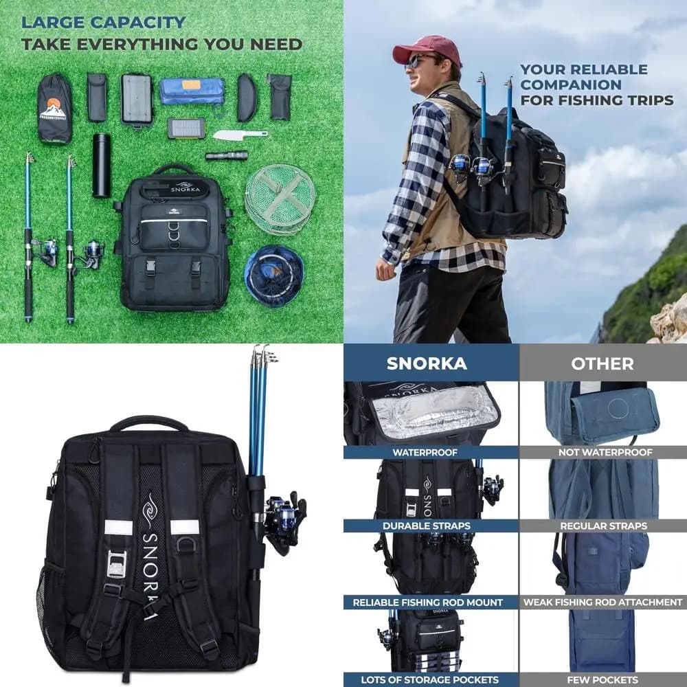 SNORKA 40L fishing backpack with tool box, rod holder, rain cover, padded support, thermal pocket, bottle holder - Ta