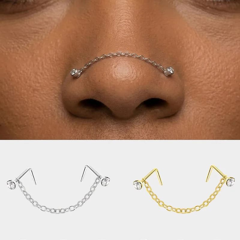 Piercing per Naso in Acciaio Inossidabile 316L con Doppia Catena, Zircone Pendente e Nappa, Gioiello Ipoallergenico per Helix e Cartilagine