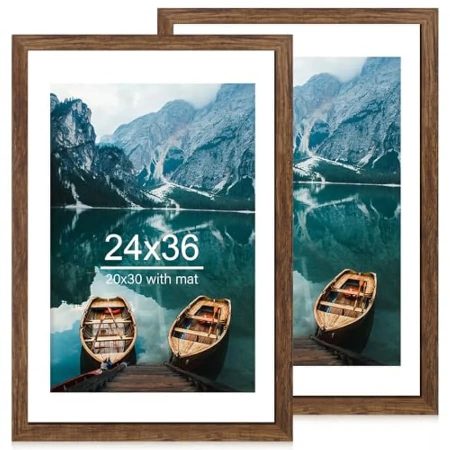 24x36 Poster Frame Set of 2, Wood Style - Display 20x30 Picture with Mat or 24 x 36 Poster without Mat, Wall Mounting Horizonta
