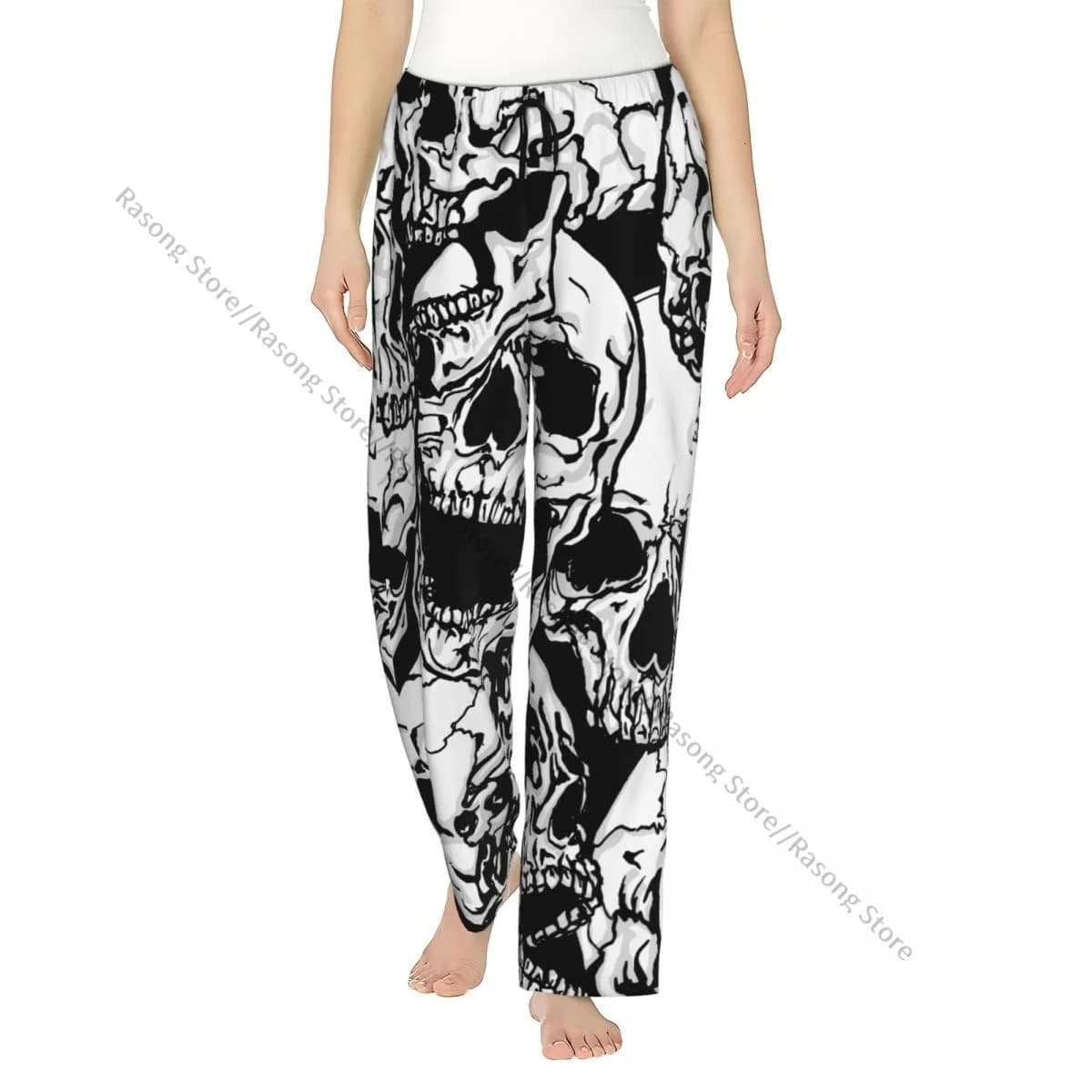 Pantaloni da salotto in flanella da donna Pantaloni da pigiama morbidi con teschi bianchi e neri Indumenti da notte invernali