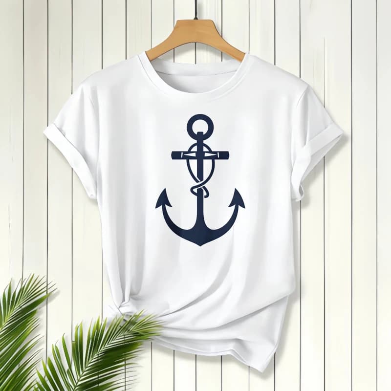 Anchor Print, Short Sleeve T-Shirt, Women's T-Shirt, Beach And Casual Wear