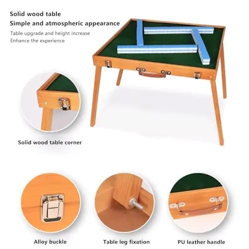 Solid Wood 19-Inch Folding Mahjong Table With Green Felt Surface, Tiles, And PU Leather Handle For Card, Domino, Poker