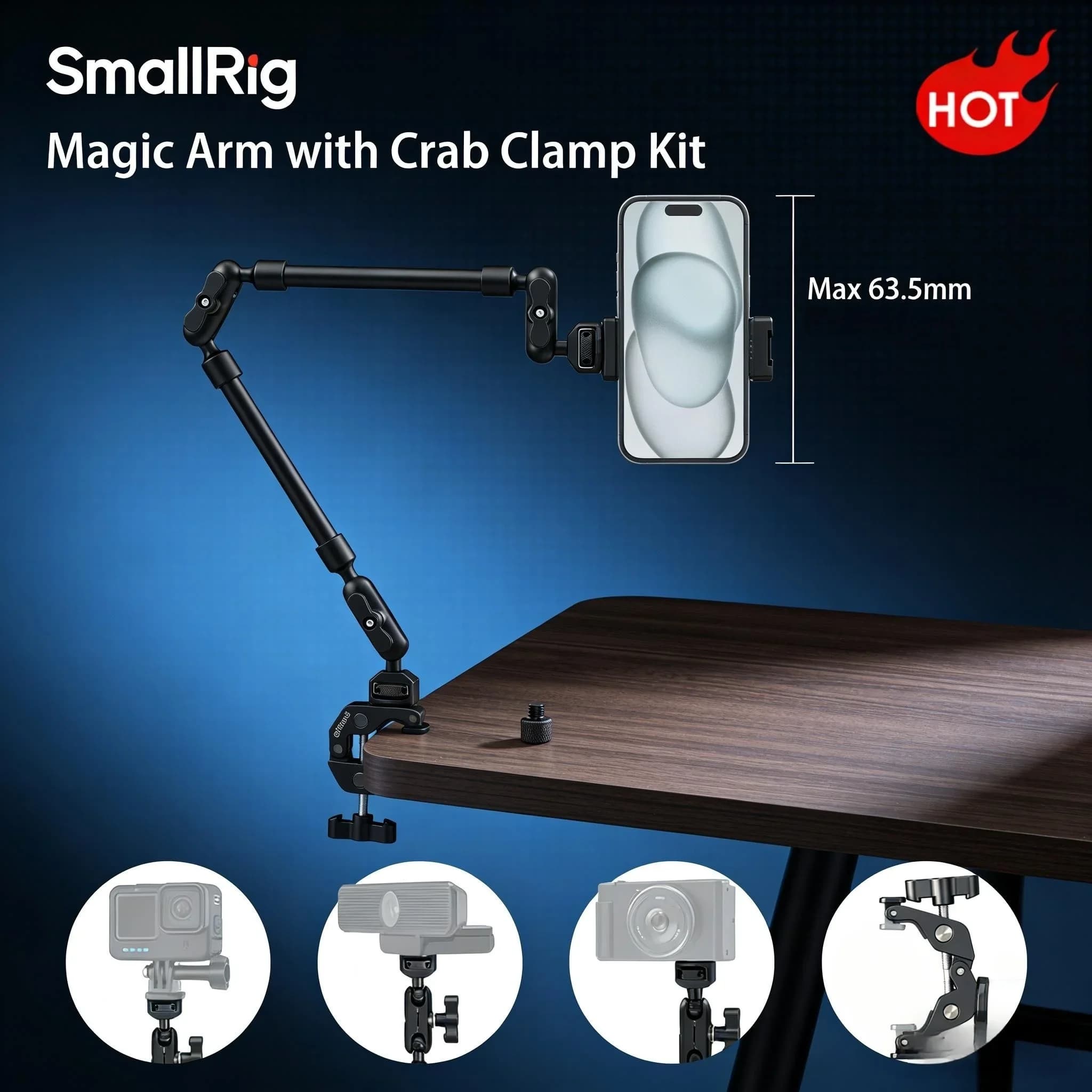 SmallRig Magic Arm with Crab Clamp Kit, Adjustable Desktop Tripod Mount, Boom Arm, for Smartphones Webcams Action Cameras 4766