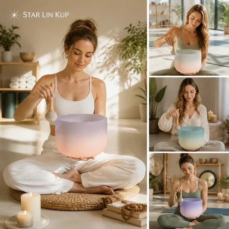 STAR LIN KUP 10 Inch 432Hz F Note Frosted Crystal Singing Bowl Gray Orange Gradient Meditation Sound Healing Yoga Chakra