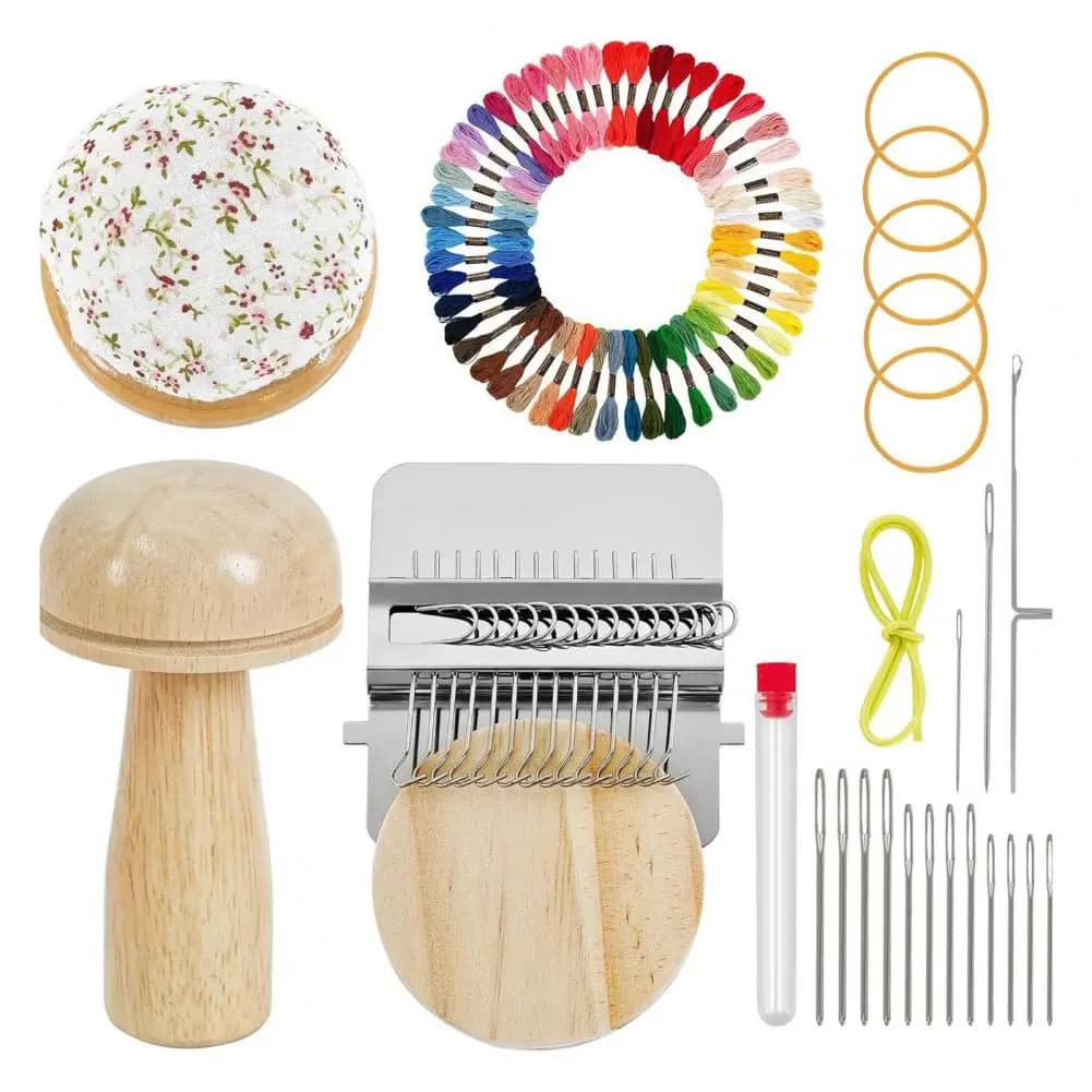 Weaving Darning Kit Mini Darning Loom Kit with Wooden Mushroom 50 Color Threads Eye Needles for Handcraft Repair Weaving Patch
