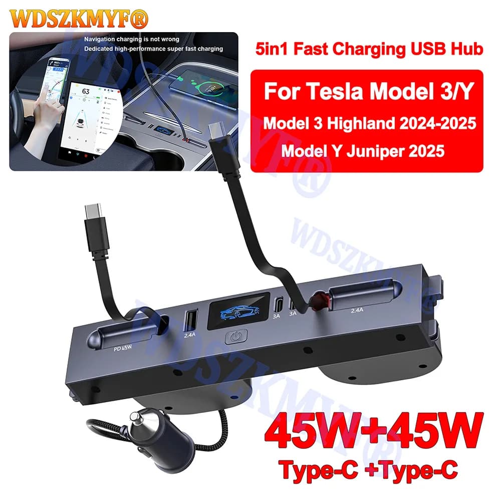 Hub USB Intelligente con Docking Station per Tesla Model 3 Highland 2024 / Y Juniper 2025-2026 - Adattatore Auto con Splitter di Estensione Alimentato