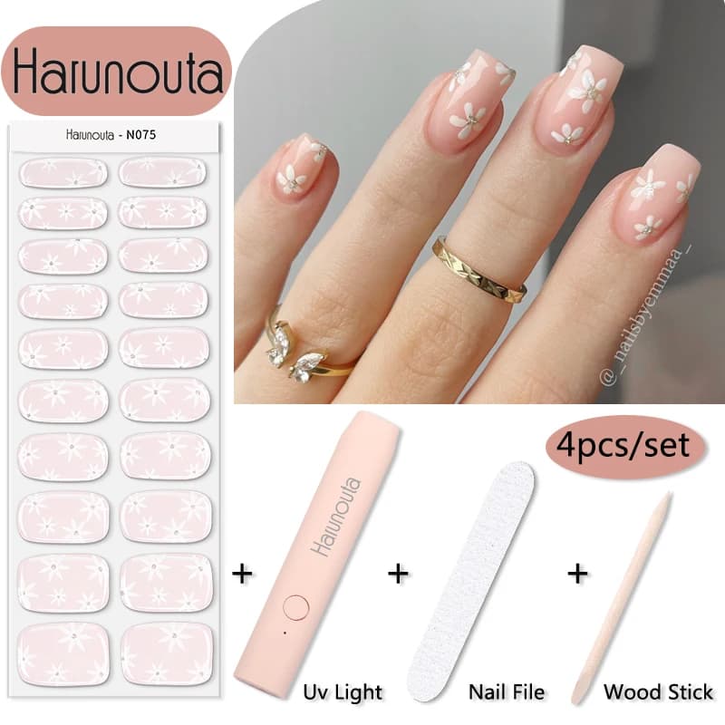 Harunouta 1 Set Strisce per unghie in gel semicurato a fiori con lampada per unghie Adesivi per unghie con smalto gel floreale Cursori adesivi per manicure