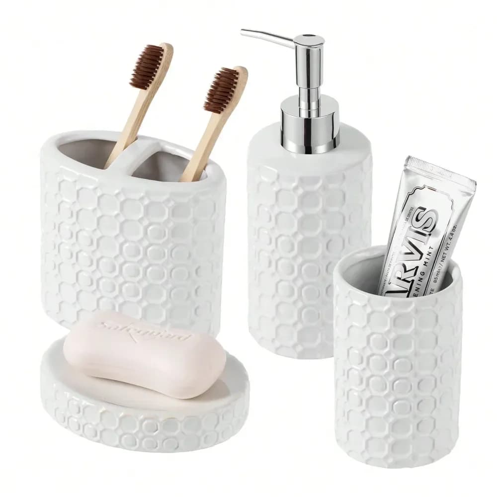 Set di Accessori per Bagno in Ceramica Dorata, 4 Pezzi, Design a Nido d'Ape con Dispenser Sapone, Bicchiere, Portaspazzolino, Portasapone