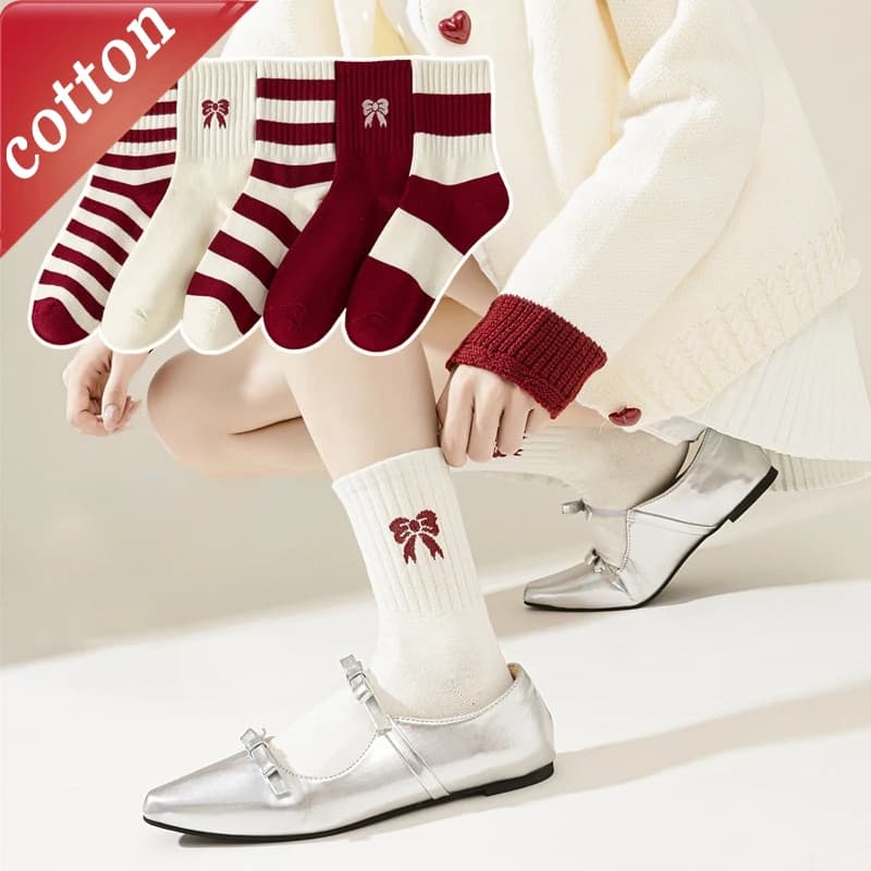 5 Pairs Premium Soft Cotton Mid Calf Socks Featuring Sweet Red Bow Stripes Cute Kawaii Christmas Socks Suitable As Daily Gifts