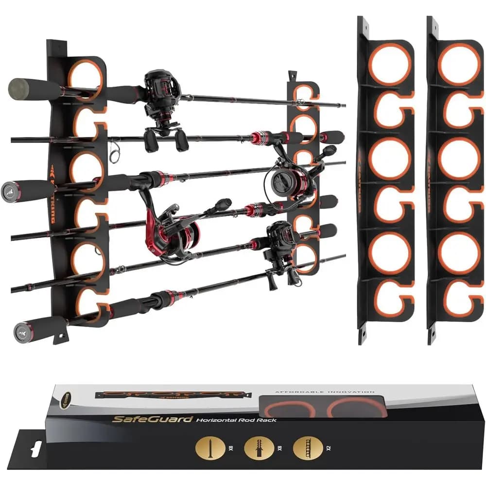 Rod Holder Organizer: Wall/Ceiling Mount Rack for 6 Fishing Rods or Combos Under 18 Inches