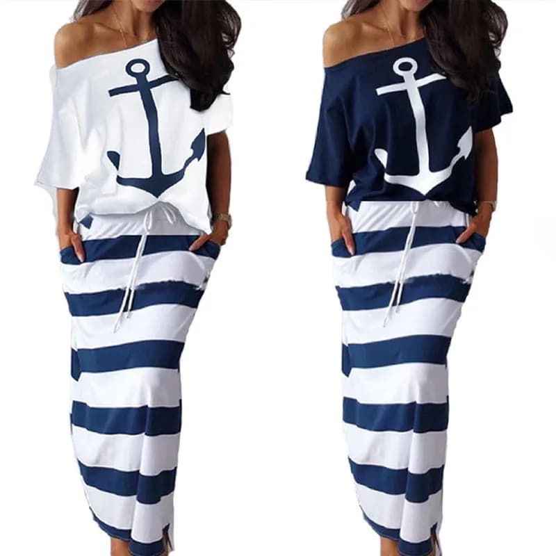 T-shirt a maniche corte con stampa di ancoraggio per barca Casual da donna elegante + gonna Set di due pezzi Set di gonne per tuta estiva di moda per le donne