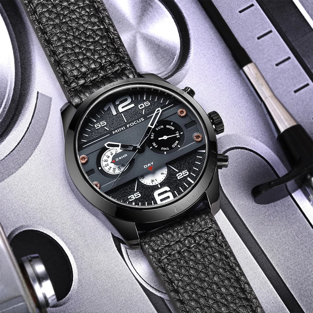 MINI FOCUS Men's Waterproof Quartz Watch Leather strap Multifunction Chronograph Business Casual Wristwatch with Date