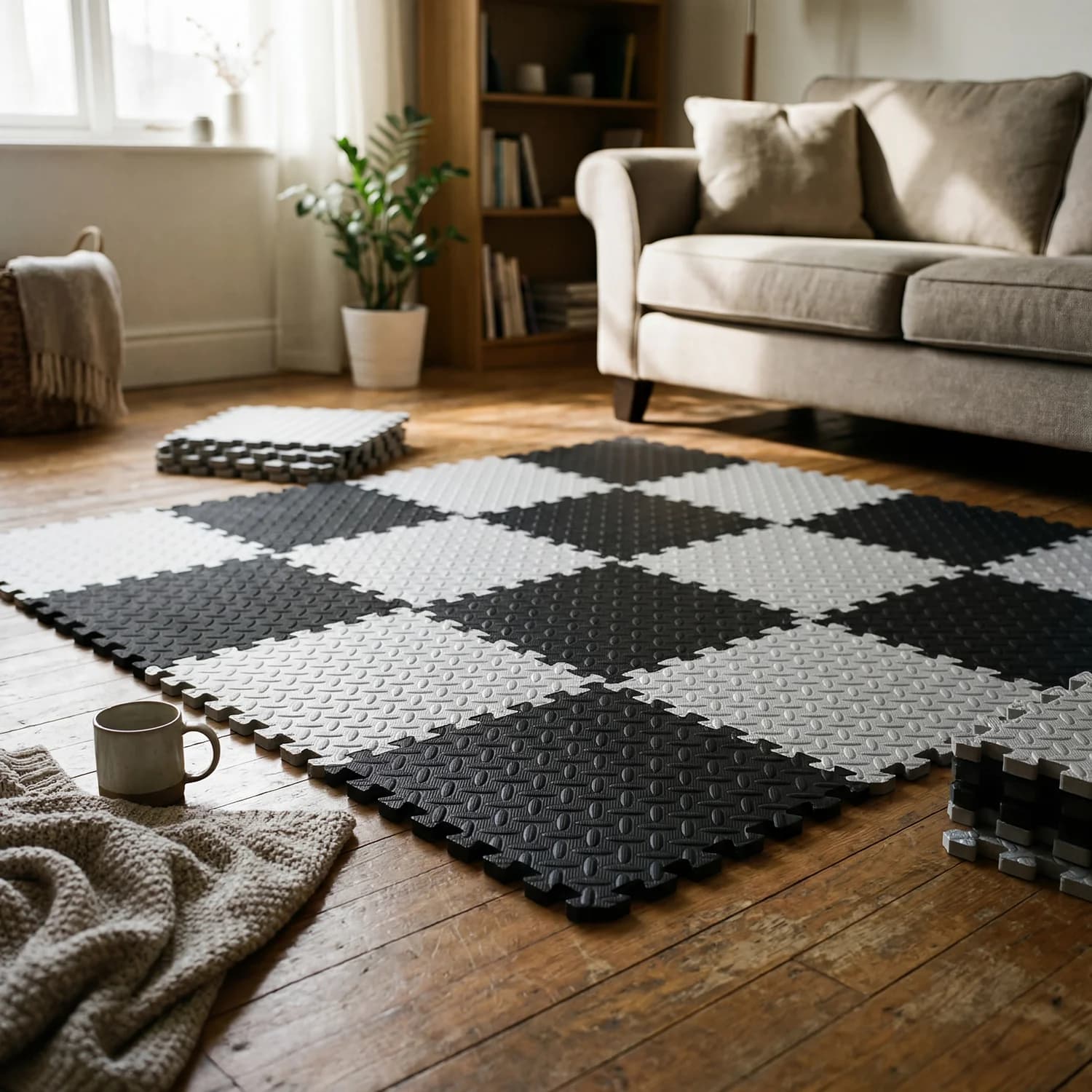 Set of 8 Mats in Foam EVA 60x60cm, Thickness 1cm, Puzzle Mat for Living and Bedroom, Soft Mat for Gym, Yoga and Fitness