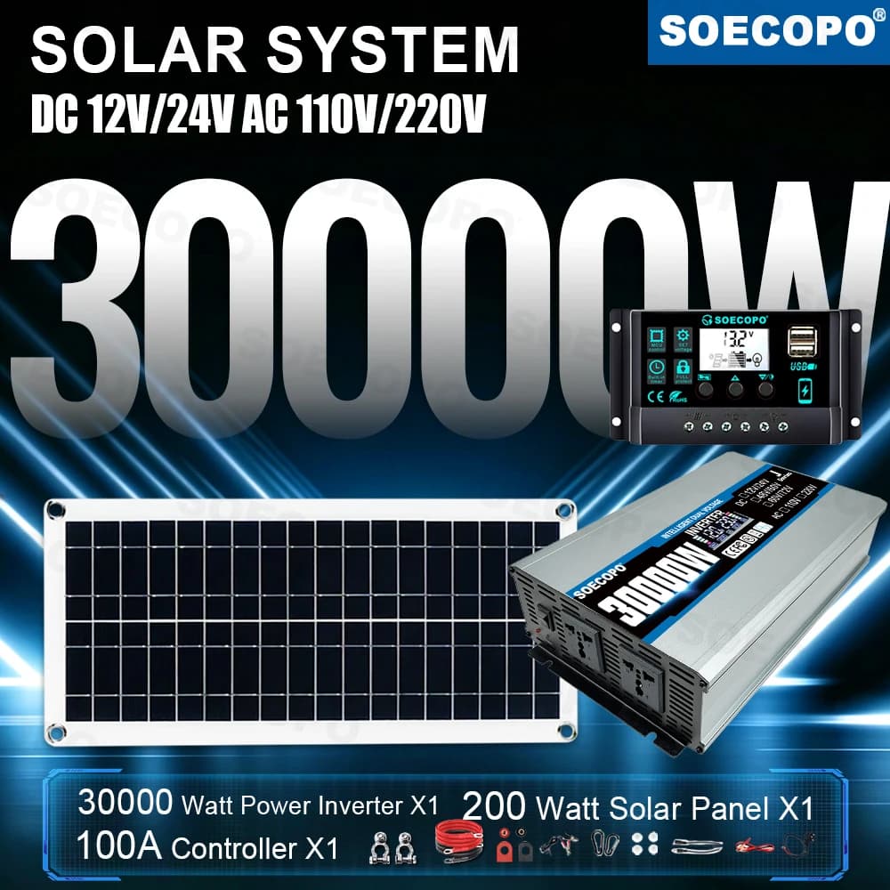 High Efficiency Intelligent 30000W Peak Solar System Kit 200W Panel 100A Controller 110V 220V Inverter Generator for Garden Use