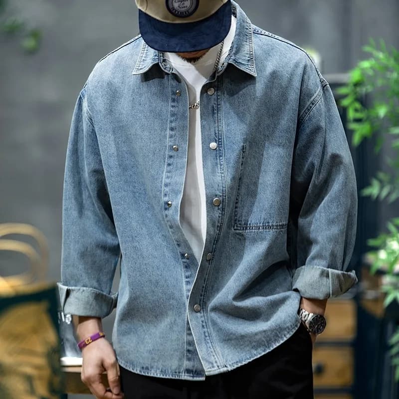 American Style Heavyweight Men's Denim Jacket Loose Fit Long Sleeve Shirt Casual Workwear Spring Autumn Trendy Brand New 2025
