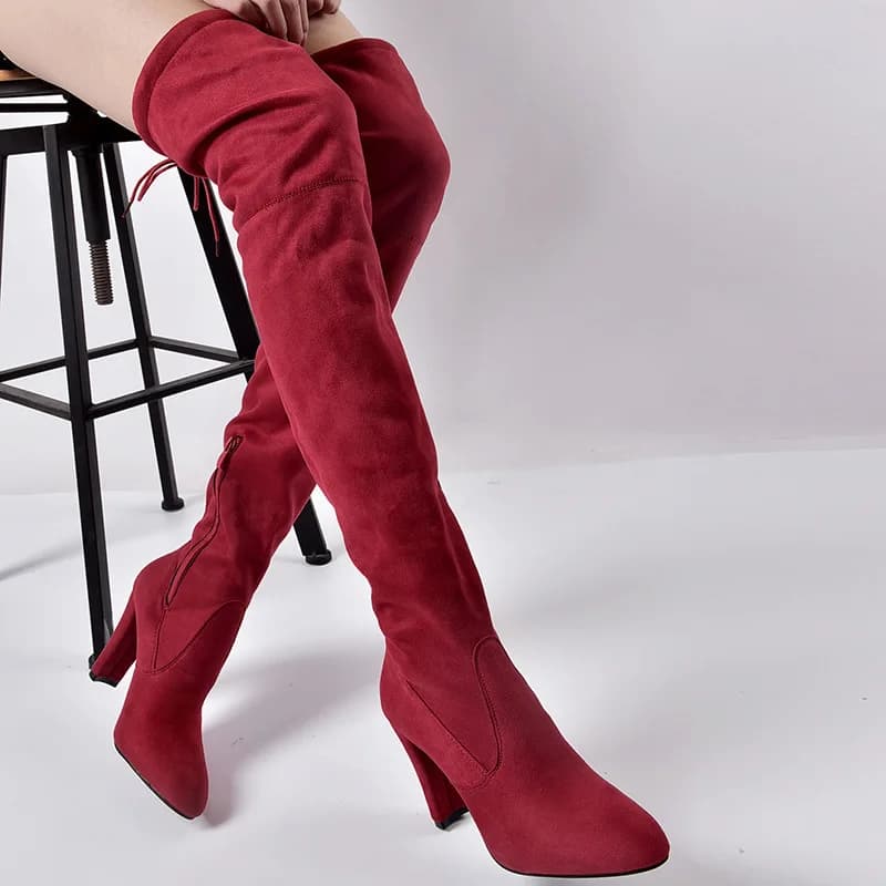 Nuovi Stivali da Donna Taglia 43, Autunno Inverno, Sexy con Tacco Alto, Sopra il Ginocchio, Elastici, Punta Rotonda, Scarpe con Tacco Rosso