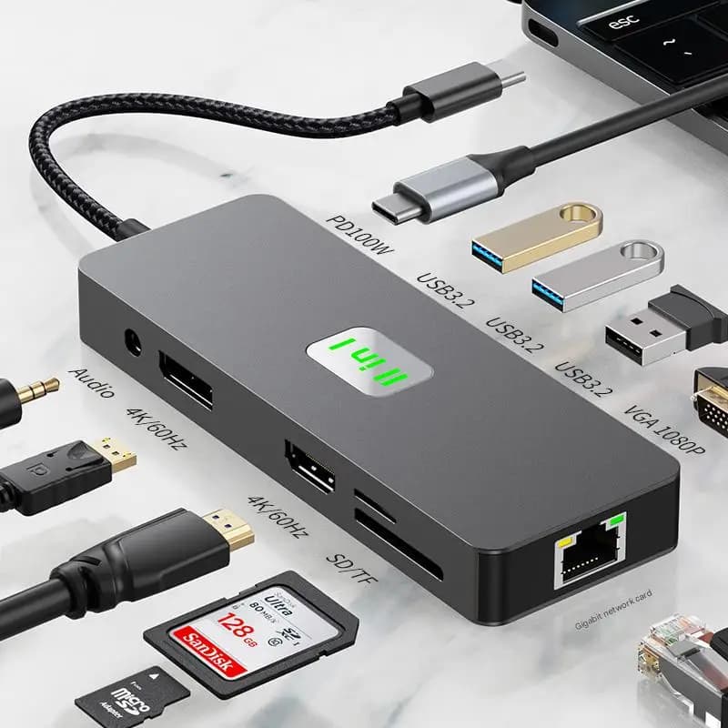 Hub Docking Station FC&EC 11-in-1 in Lega di Alluminio Type-C con 4KHD DP, 100W PD, Ethernet, USB 3.2 e Lettore di Schede Compatibile con Mac e Windows