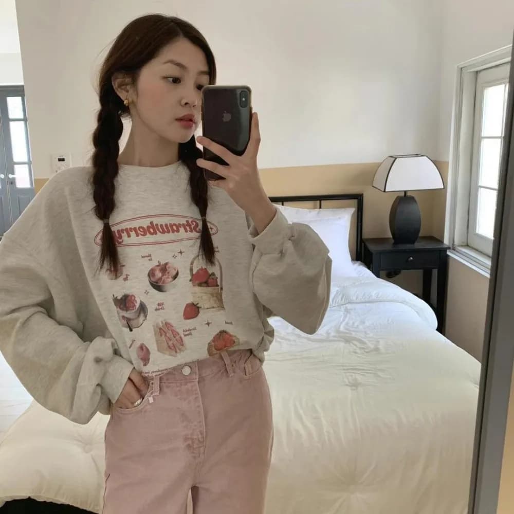 Selfwill Micoat2 Korean Sle Casual Anti-Aging Dongdaemun Autumn Sweet Pie Print Sweatirt Straight Leg Jeans Women's Fai...